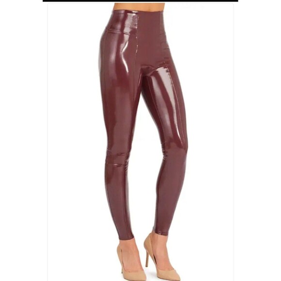 SPANX Faux Patent Leather Liquid Gloss Leggings Pants Ruby Size Petite XS NWT - Picture 3 of 12